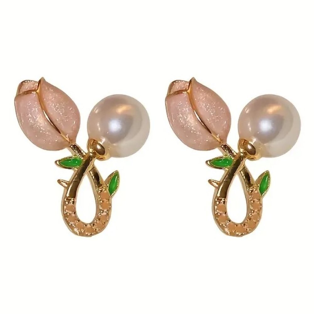 Faux Pearl & Tulip Flower Stud Earrings
